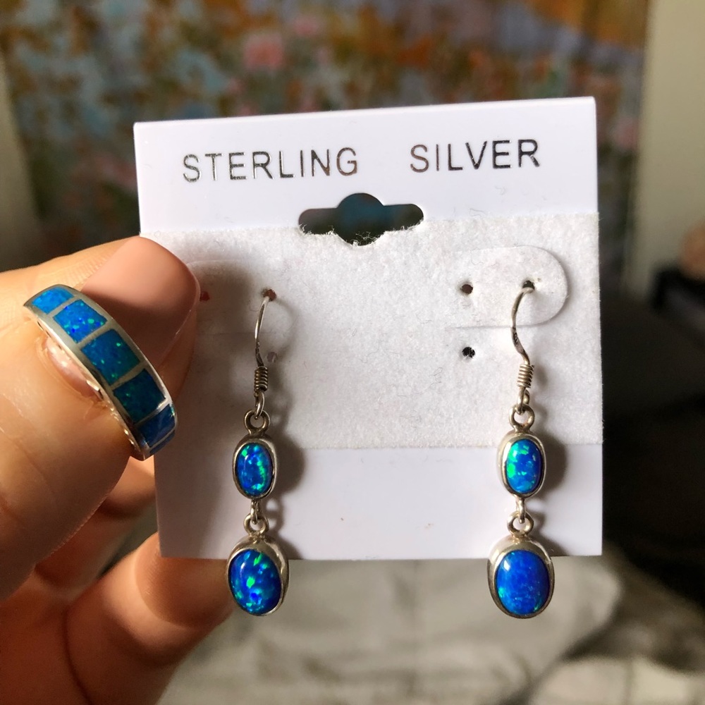 Sterling Silver Blue Opal Earrings and Ring Set